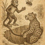 Parchment-style drawing of Monkey rescuing Leopard from pit; Beba folktale about ingratitude and justice
