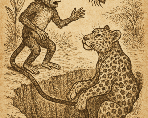 Parchment-style drawing of Monkey rescuing Leopard from pit; Beba folktale about ingratitude and justice