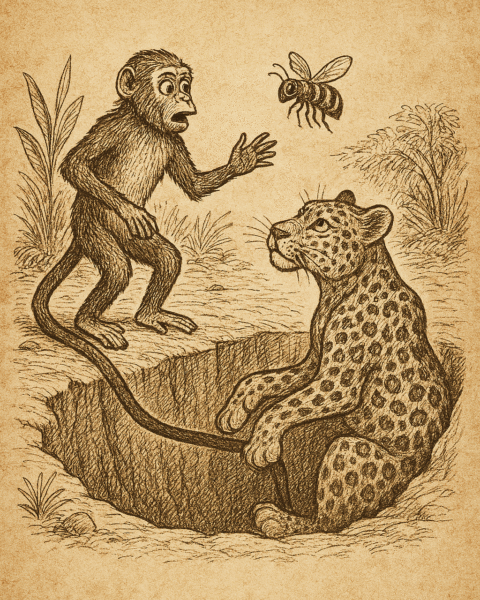 Parchment-style drawing of Monkey rescuing Leopard from pit; Beba folktale about ingratitude and justice