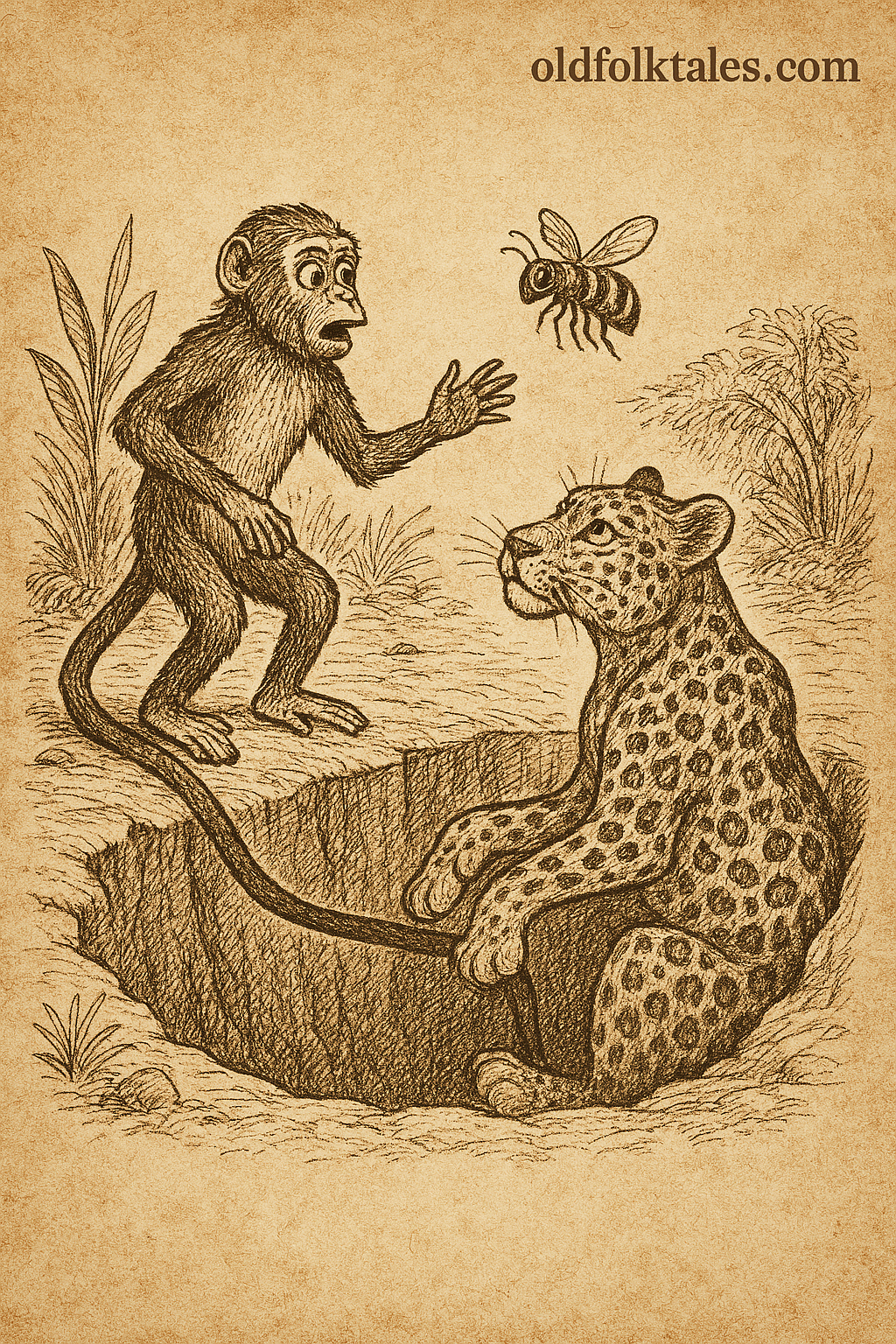 Parchment-style drawing of Monkey rescuing Leopard from pit; Beba folktale about ingratitude and justice