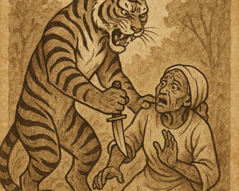 Parchment-style illustration of Ndafo the Tiger killing his elderly mother with a knife; Beba folklore from Cameroon.