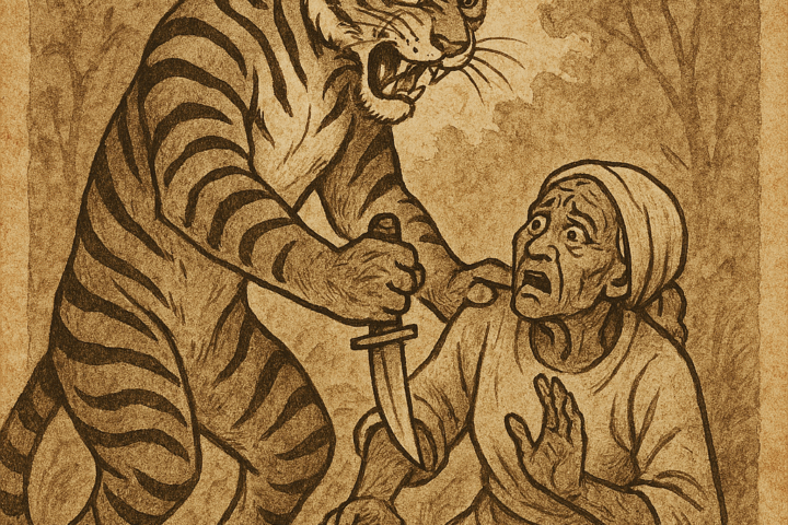Parchment-style illustration of Ndafo the Tiger killing his elderly mother with a knife; Beba folklore from Cameroon.