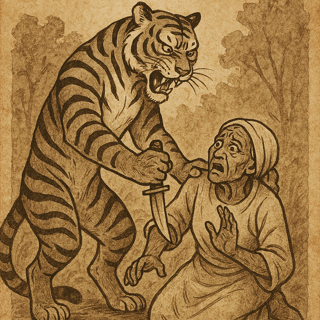 Parchment-style illustration of Ndafo the Tiger killing his elderly mother with a knife; Beba folklore from Cameroon.