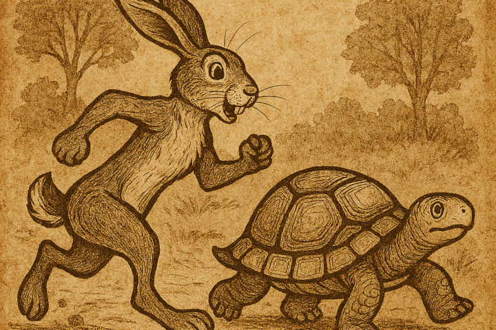 Parchment-style illustration of Tswe the Hare racing Torokee the Tortoise in Cameroonian forest; Beba folklore.