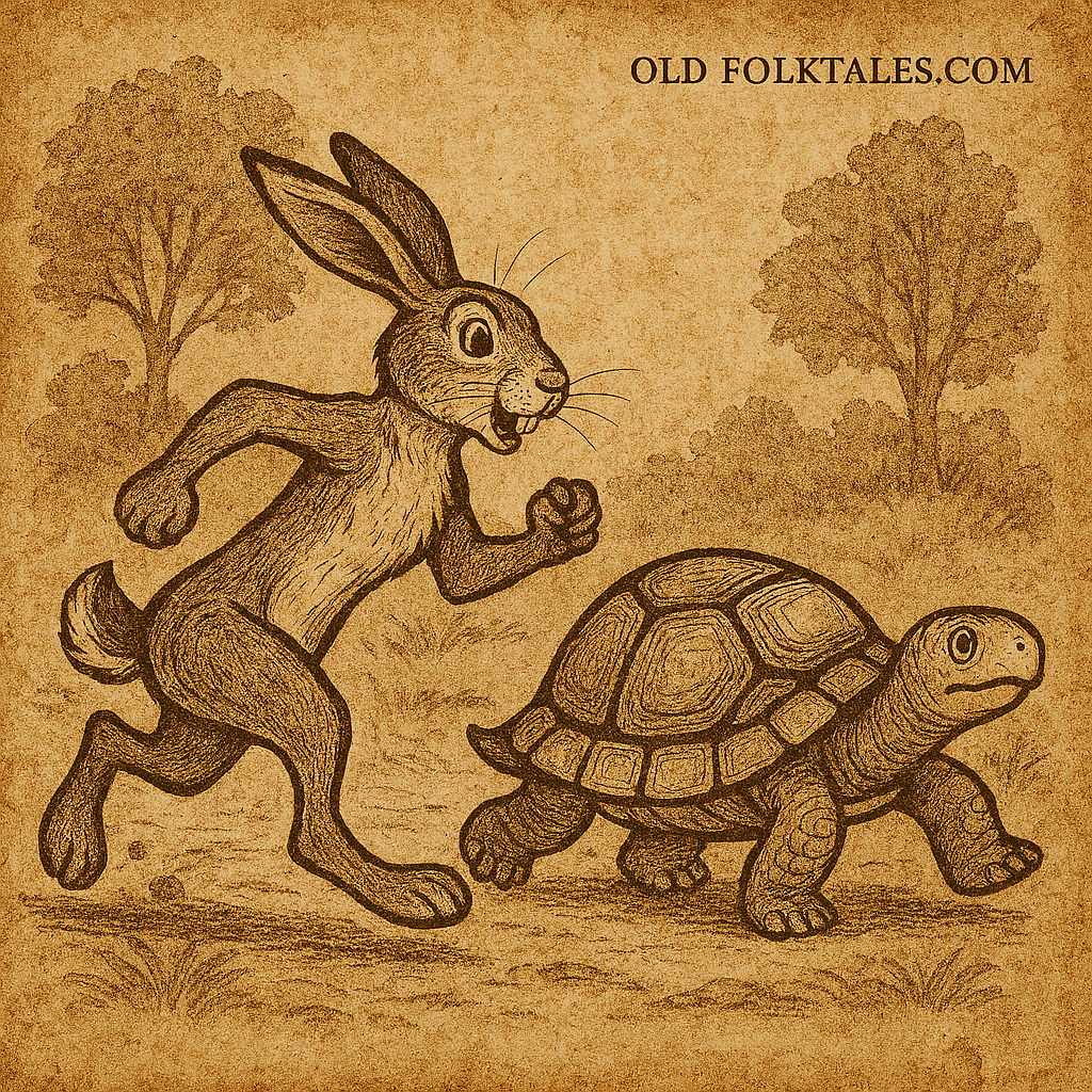 Parchment-style illustration of Tswe the Hare racing Torokee the Tortoise in Cameroonian forest; Beba folklore.