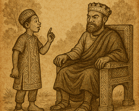 Parchment-style illustration of Metse-Tsate-Nfo boldly confronting King Atabe on his throne; Beba folklore, Cameroon.