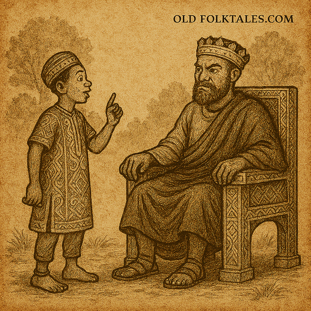 Parchment-style illustration of Metse-Tsate-Nfo boldly confronting King Atabe on his throne; Beba folklore, Cameroon.