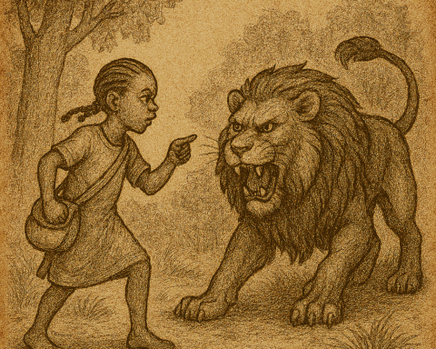 Parchment-style illustration of brave girl confronting man-eating lion in forest; Beba folklore from Cameroon.