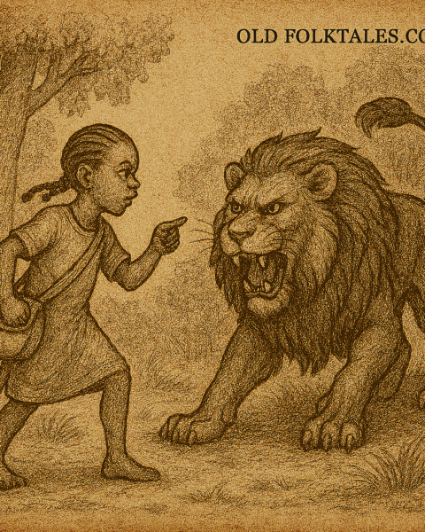 Parchment-style illustration of brave girl confronting man-eating lion in forest; Beba folklore from Cameroon.
