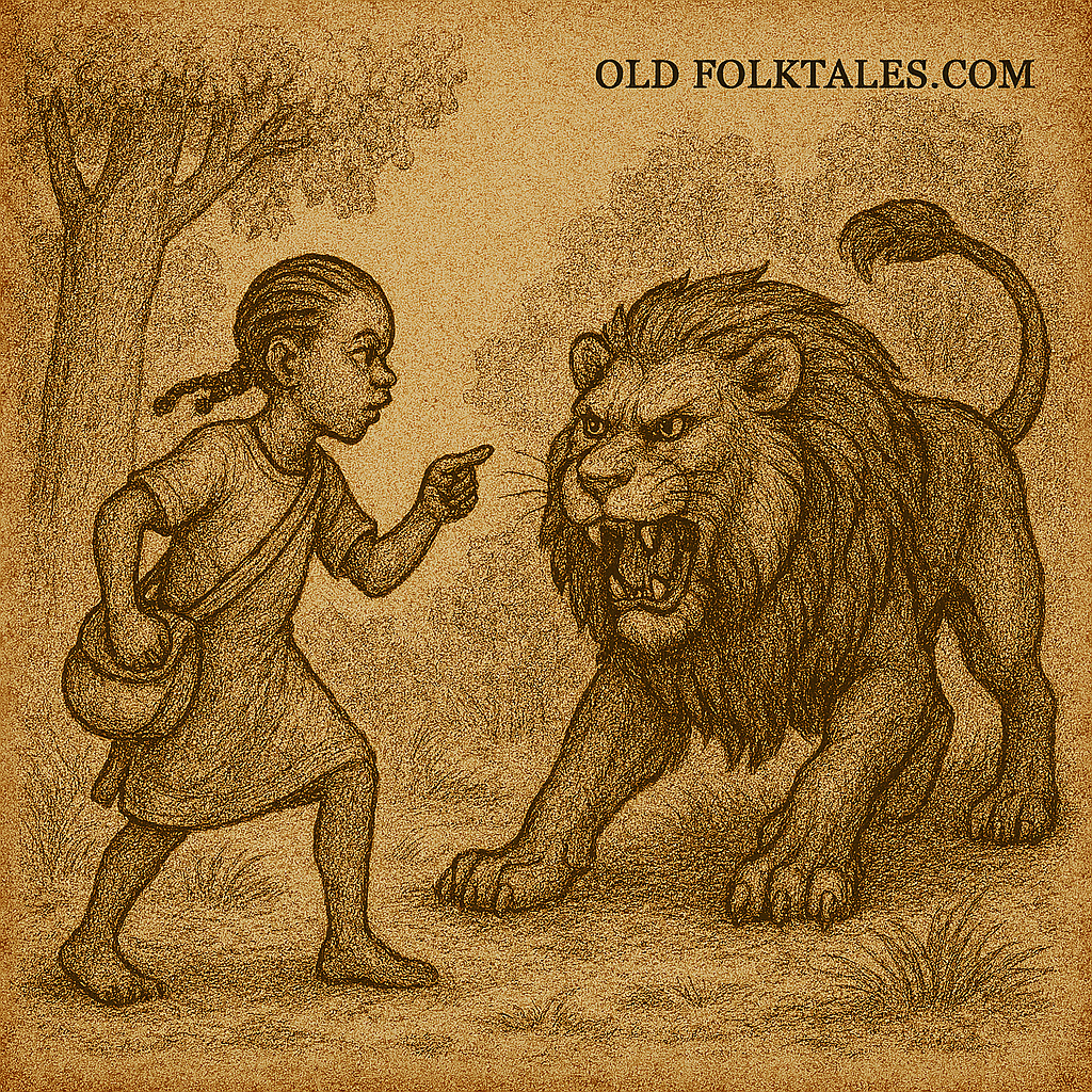 Parchment-style illustration of brave girl confronting man-eating lion in forest; Beba folklore from Cameroon.