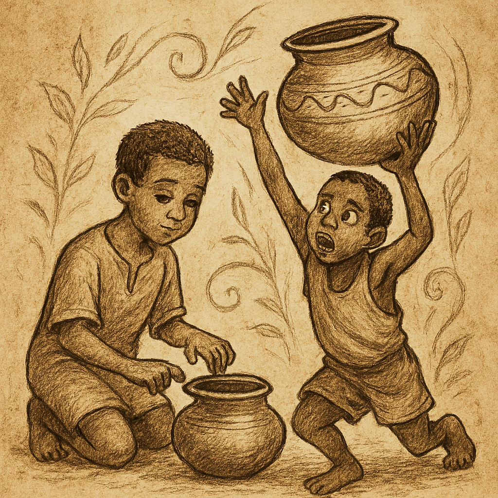 Parchment-style illustration of two boys choosing magical pots in forest spirit realm; Beba folklore from Cameroon.