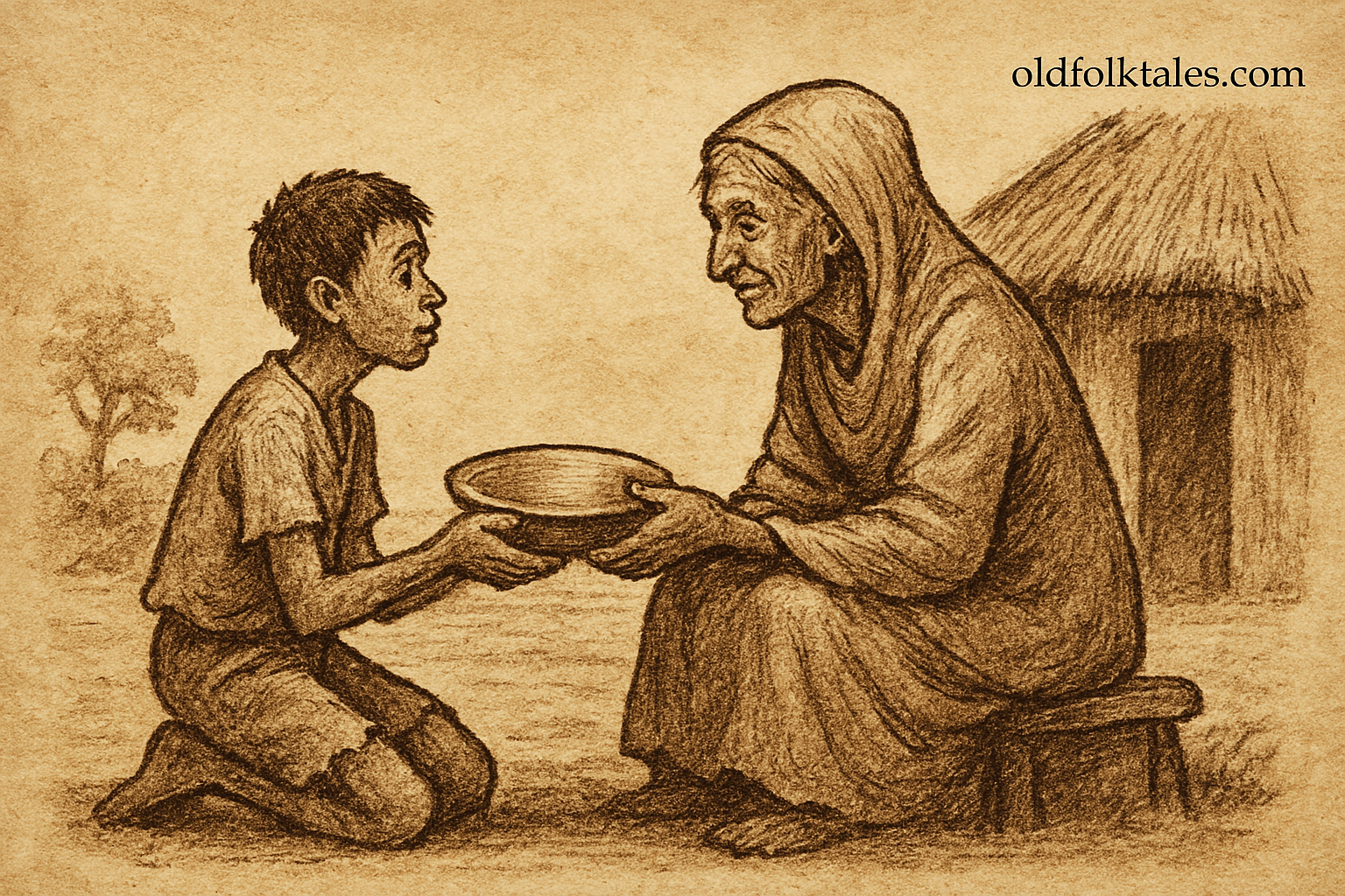 Parchment-style illustration of kind boy offering lost dish to wise old woman near hut; African folklore, Cameroon.