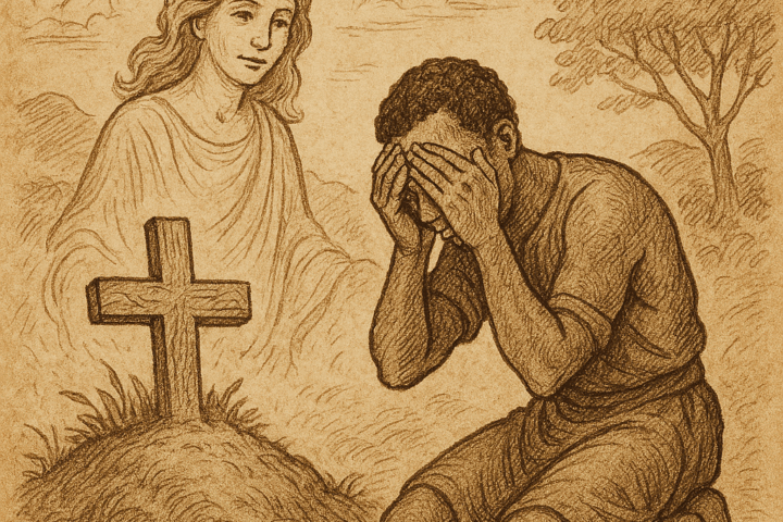 Parchment-style illustration of spirit mother comforting son at grave; West African folktale scene