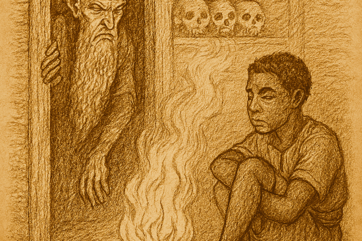 Parchment-style illustration of Mandiengoh near fire with ghost watching; West African folktale of disobedience.