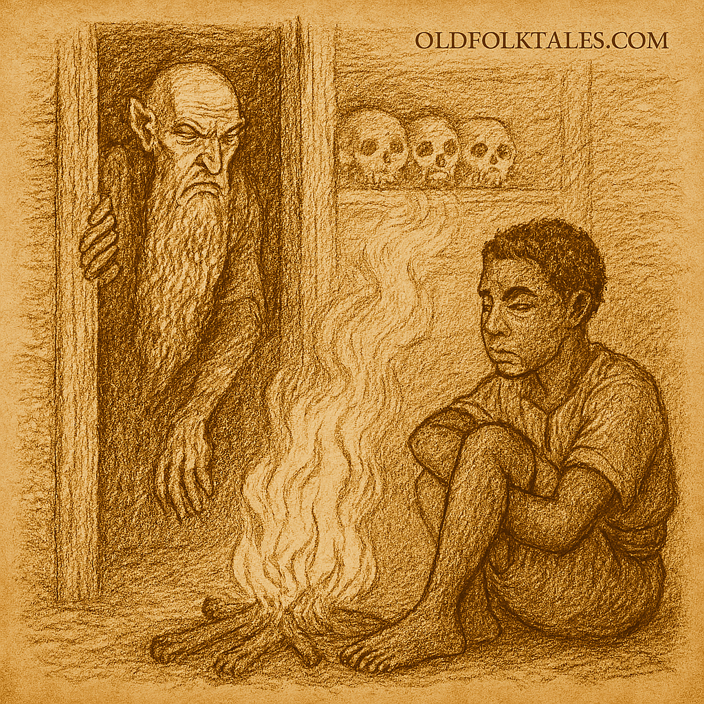 Parchment-style illustration of Mandiengoh near fire with ghost watching; West African folktale of disobedience.