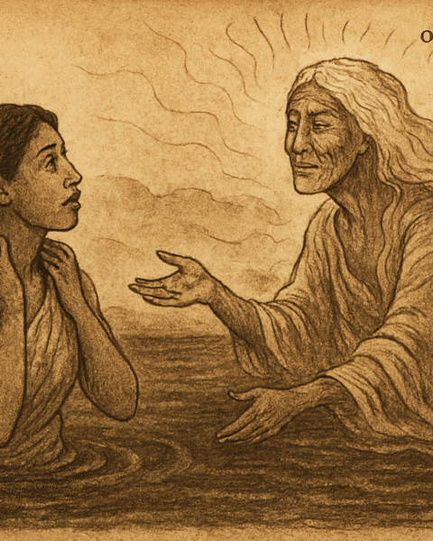 Parchment-style illustration of Manda bathing as spirit woman blesses her; West African folktale of kindness.