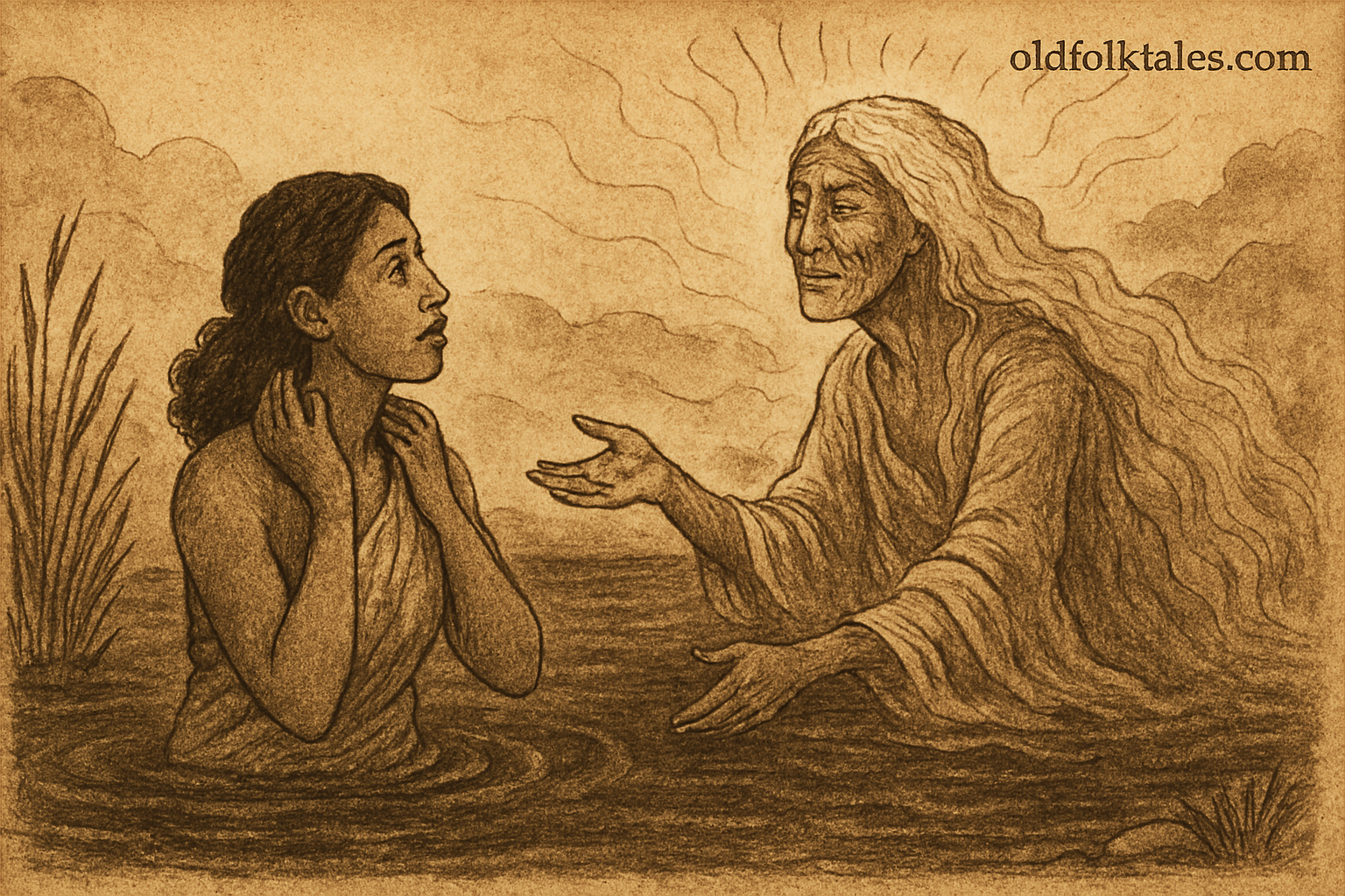 Parchment-style illustration of Manda bathing as spirit woman blesses her; West African folktale of kindness.