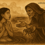 Parchment-style illustration of Baba fleeing across parted river with ghosts chasing; West African folktale scene.