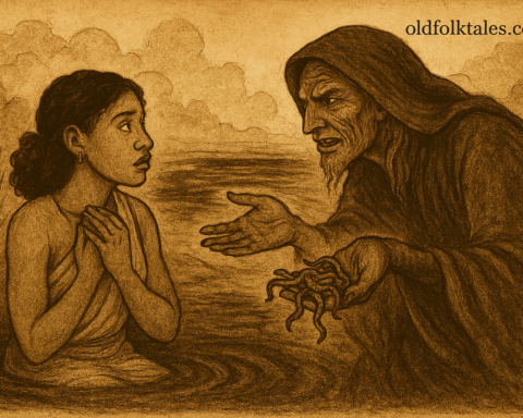 Parchment-style illustration of Baba fleeing across parted river with ghosts chasing; West African folktale scene.
