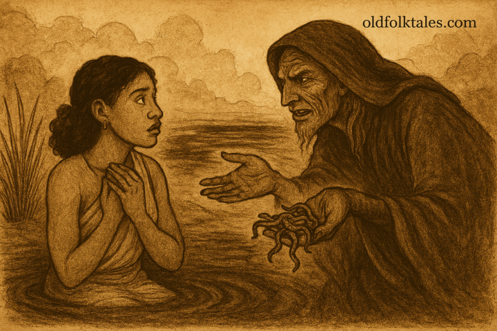 Parchment-style illustration of Baba fleeing across parted river with ghosts chasing; West African folktale scene.