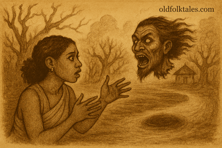 Parchment-style illustration of Makuchi facing supernatural head; West African folktale of pride and deception