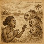 Parchment-style illustration of woman watching fish spirits vanish in river; West African folktale of greed.