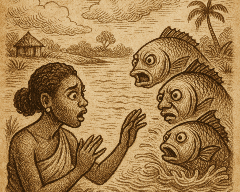 Parchment-style illustration of woman watching fish spirits vanish in river; West African folktale of greed.