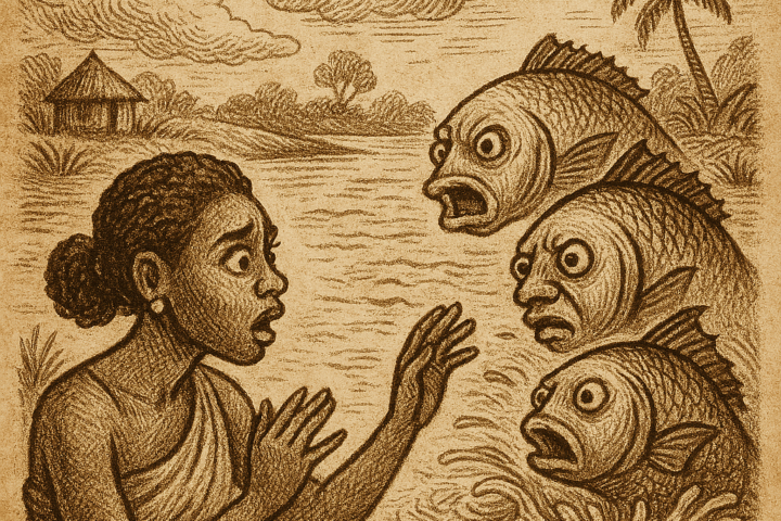 Parchment-style illustration of woman watching fish spirits vanish in river; West African folktale of greed.