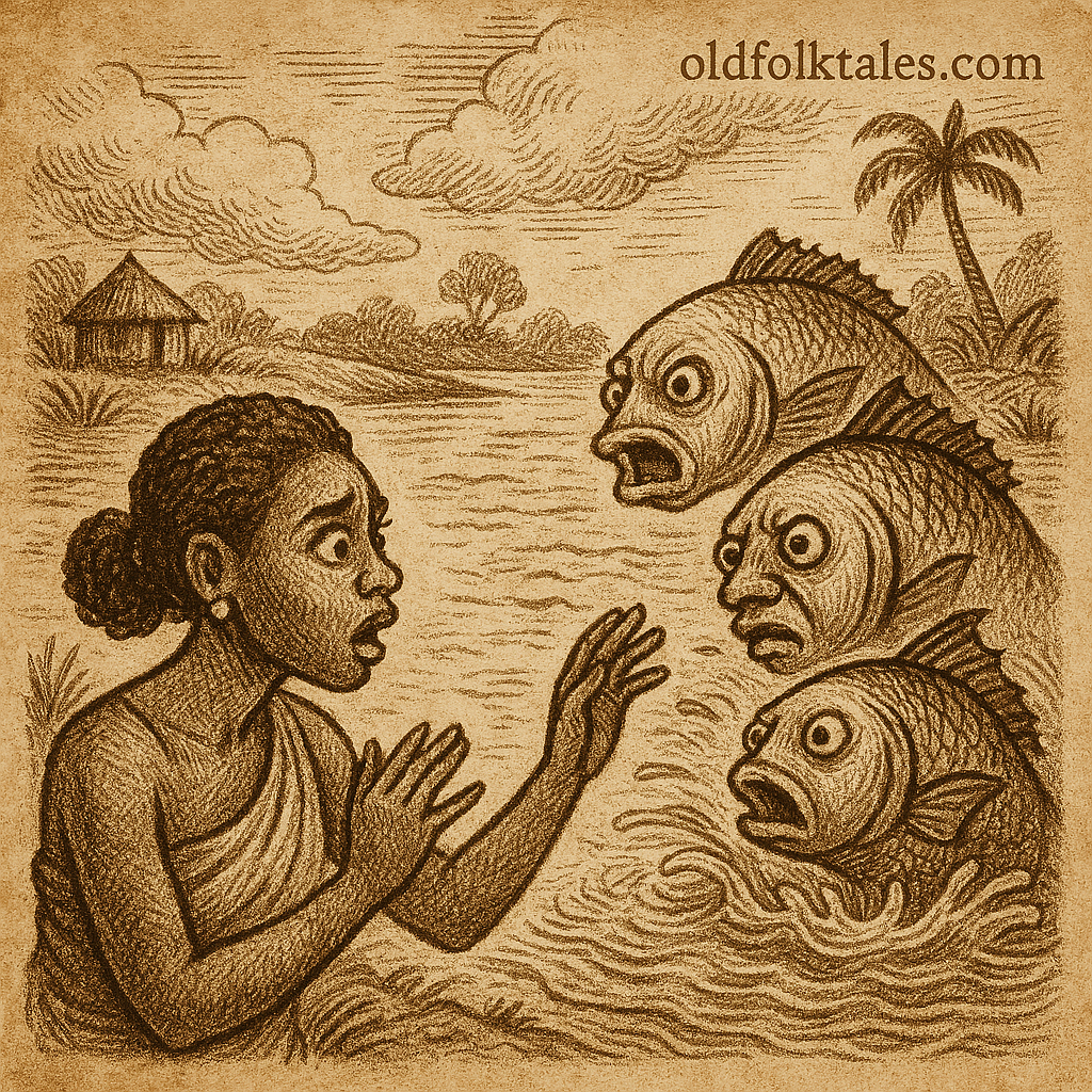 Parchment-style illustration of woman watching fish spirits vanish in river; West African folktale of greed.