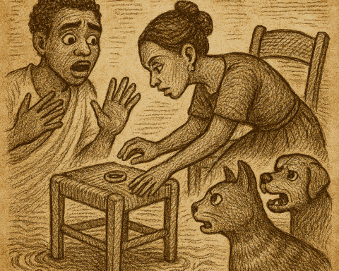 Parchment-style illustration of Mbaka's wife stealing the magic ring; West African folktale of betrayal.
