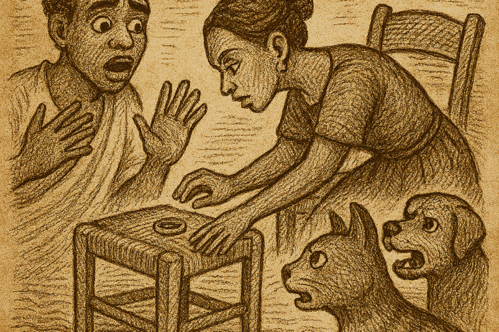 Parchment-style illustration of Mbaka's wife stealing the magic ring; West African folktale of betrayal.
