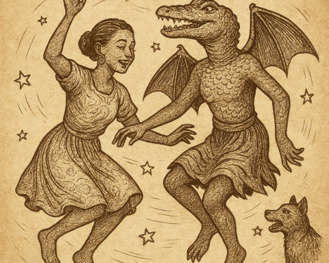 Parchment-style the orphan in her transformed state dancing with her friend in the sky; Beba folktale of transformation