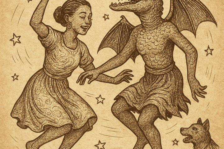 Parchment-style the orphan in her transformed state dancing with her friend in the sky; Beba folktale of transformation