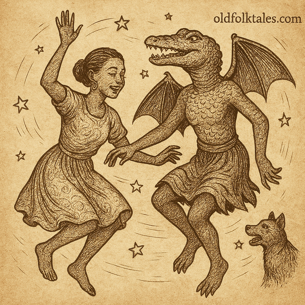 The Orphan's Sky Dance | FolktalesAfrica.com Parchment-style the orphan in her transformed state dancing with her friend in the sky; Beba folktale of transformation