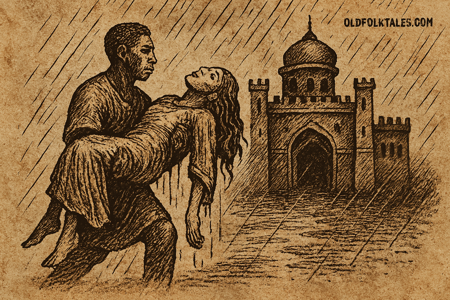 Parchment-style illustration of Funyi carrying perfumed corpse in rain toward palace; Beba folktale of destiny.