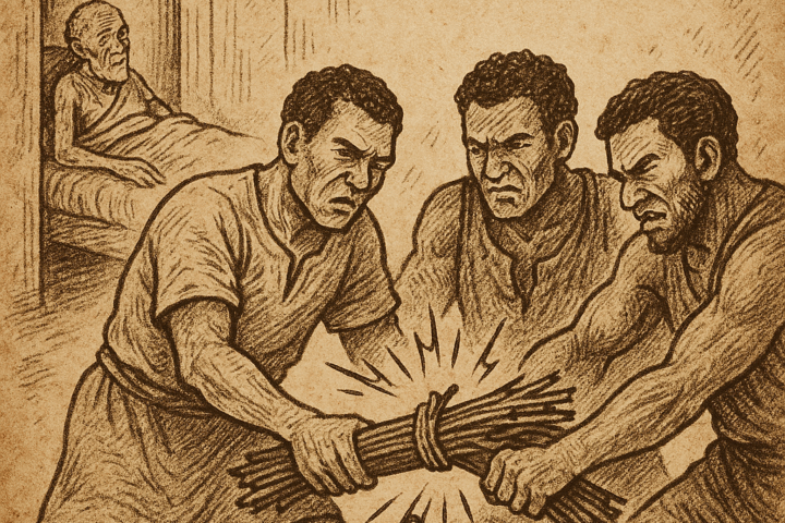 Parchment-style illustration of three brothers breaking twigs together beside dying father; Beba folktale of unity.