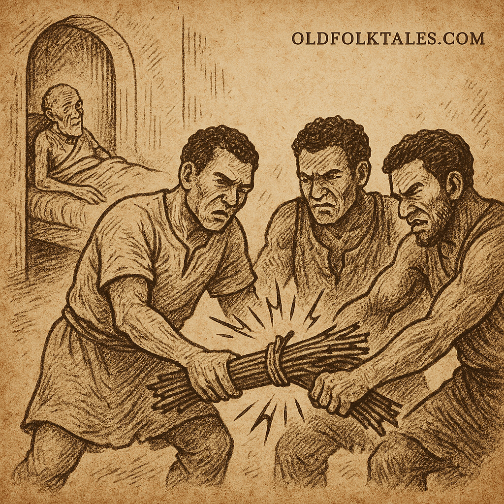 Parchment-style illustration of three brothers breaking twigs together beside dying father; Beba folktale of unity.