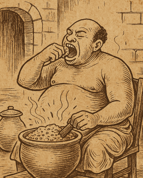 Parchment-style illustration of Chebe eating alone from mortar indoors; West African folktale of greed and shame.