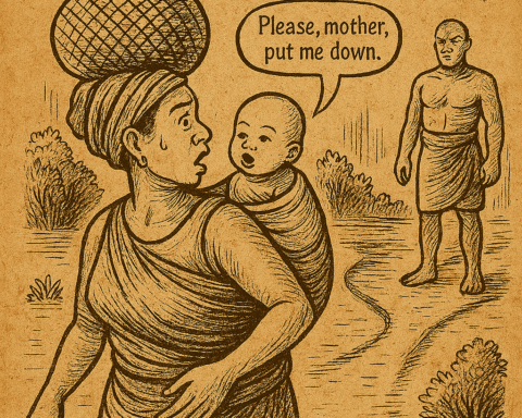 Parchment-style illustration of mother shocked as baby speaks at crossroads; African folktale of transformation.