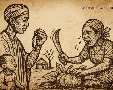 Parchment-style illustration of Ngonda cutting pumpkin plant while Bishi watches; African folktale of betrayal.