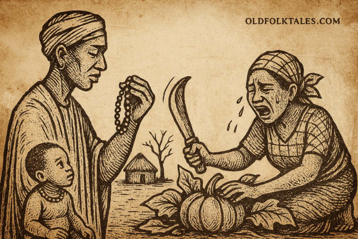 Parchment-style illustration of Ngonda cutting pumpkin plant while Bishi watches; African folktale of betrayal.