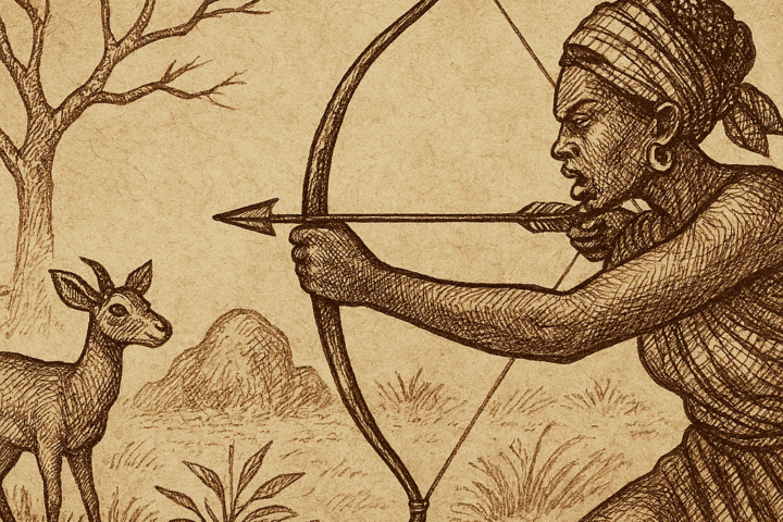 Parchment-style illustration of shape-shifting mother hunting antelope; African folktale of supernatural motherhood and loss.