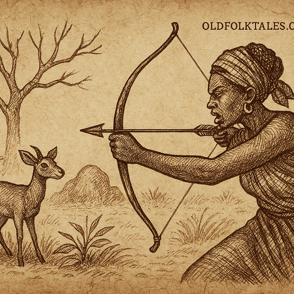 Parchment-style illustration of shape-shifting mother hunting antelope; African folktale of supernatural motherhood and loss.