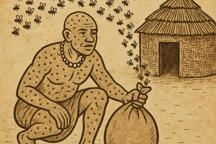 Parchment-style illustration of King-of-Scabies escaping tunnel while bees attack cannibal house; Cameroon folktale.