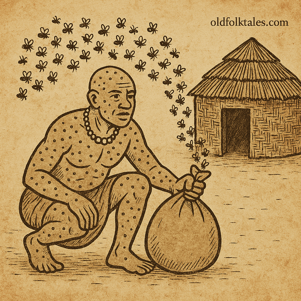Parchment-style illustration of King-of-Scabies escaping tunnel while bees attack cannibal house; Cameroon folktale.