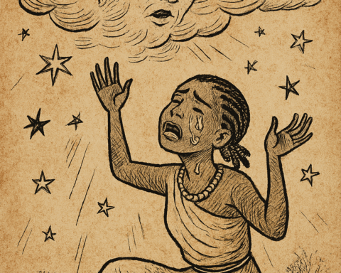 Parchment-style illustration of the girl crying to the Sky; folktale of sorrow, escape, and celestial marriage.