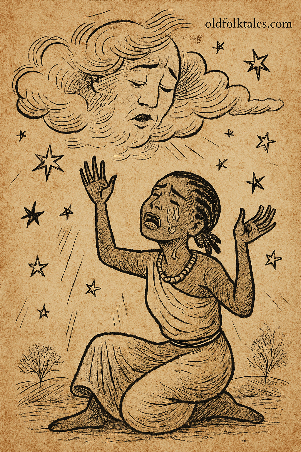 Parchment-style illustration of the girl crying to the Sky; folktale of sorrow, escape, and celestial marriage.