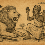 Parchment-style illustration of Cameroonian hunter receiving deadly secret from lion; folktale of betrayal and punishment.