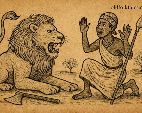 Parchment-style illustration of Cameroonian hunter receiving deadly secret from lion; folktale of betrayal and punishment.