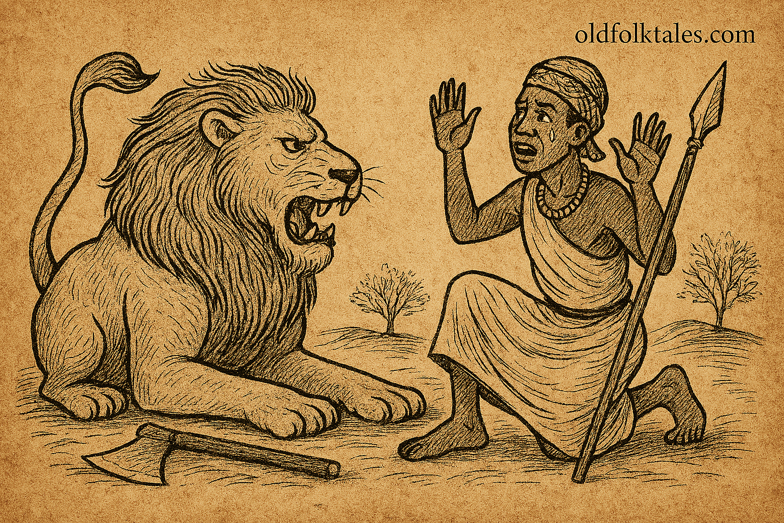 Parchment-style illustration of Cameroonian hunter receiving deadly secret from lion; folktale of betrayal and punishment.